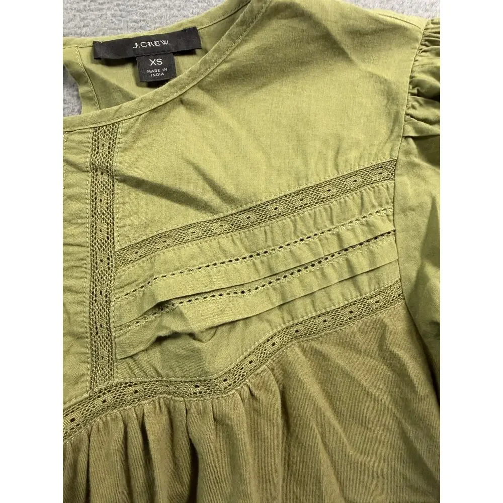 J. Crew Womens XS Olive Green Pintuck Lace Puff Sleeve Babydoll Blouse Top